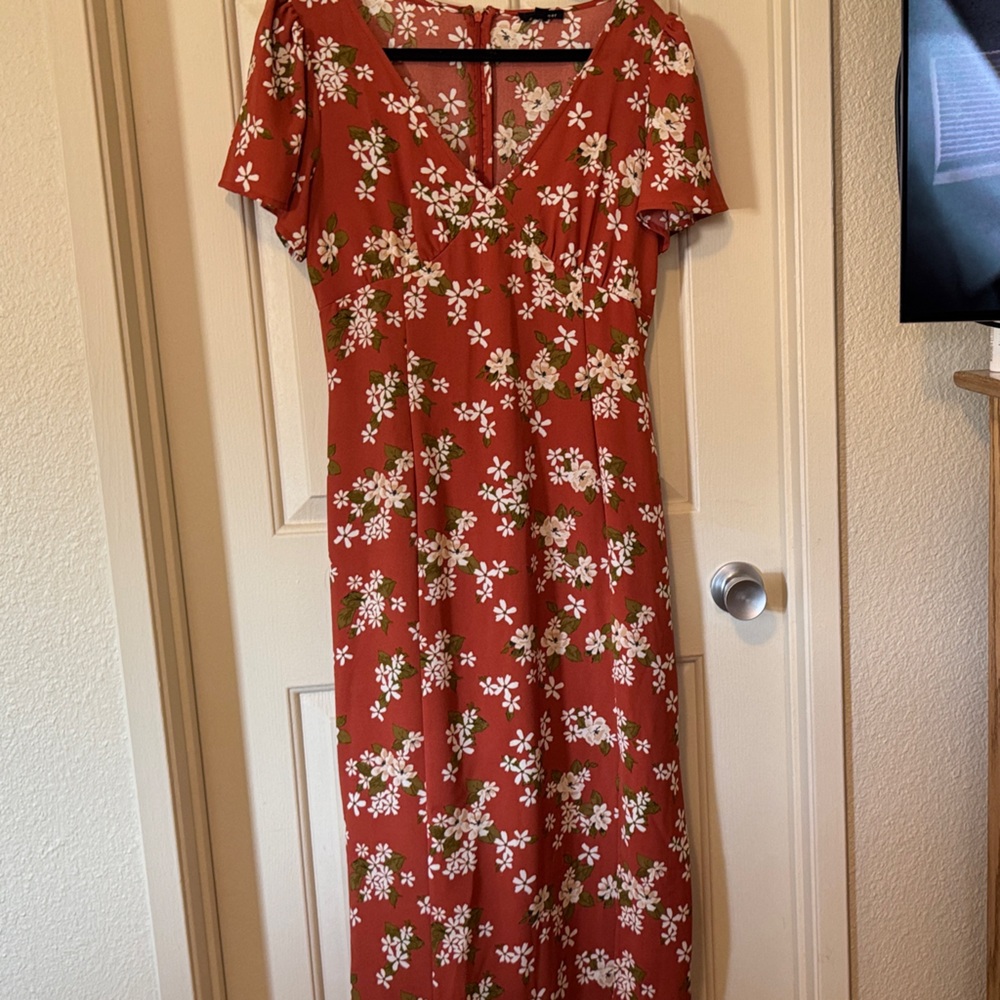 Floral V-Neck Midi Dress in Rust with White Blossoms